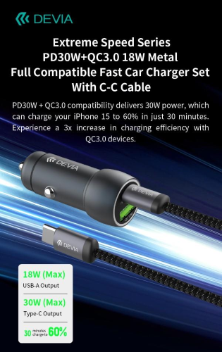 CARICABATTERIE PER AUTO SUPER VELOCE Â€‹Â€‹SERIE PD30W+QC3.0-18 W CON CAVO C-C